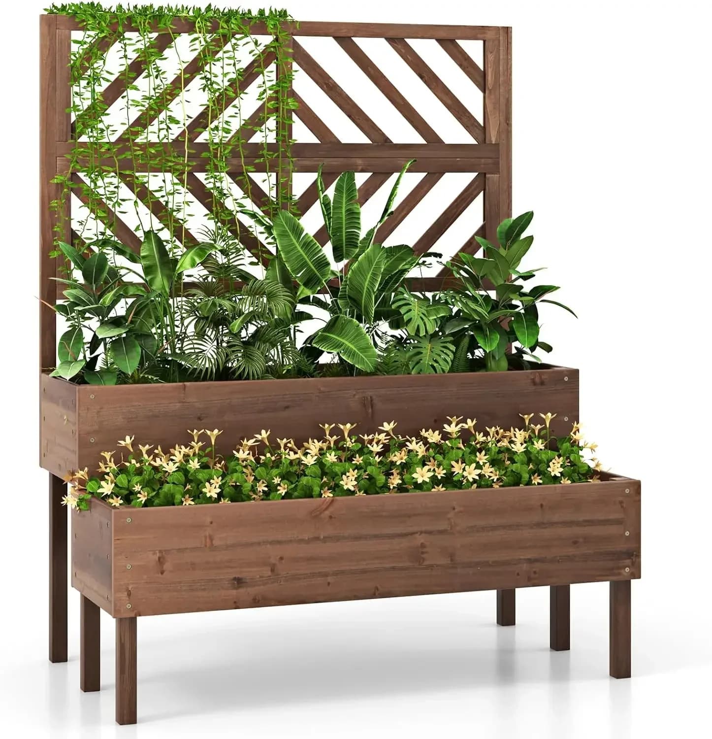 Bestseller: Letto da Giardino Rialzato con Traliccio e 2 Fioriere, Fioriera Rialzata in Legno a 2 Livelli per Esterni con Gambe e Fori di Drenaggio