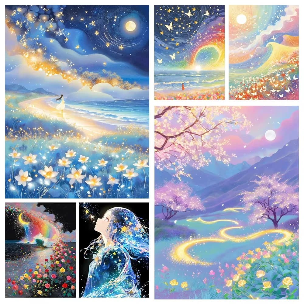 1PC frameless 5D DIY Anime Landscape Diamond Painting New Style Night Starry Sky Cross Stitch Kits Full Diamond Embroidery Home