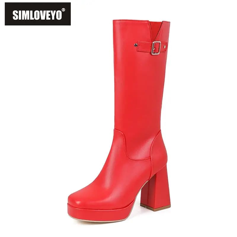 SIMLOVEYO Yellow Women Knee High Boots Round Toe 10cm Block Heel 2.5cm Platform Zipper Belt Buckle Big Size 48 49 50 Dating Bota