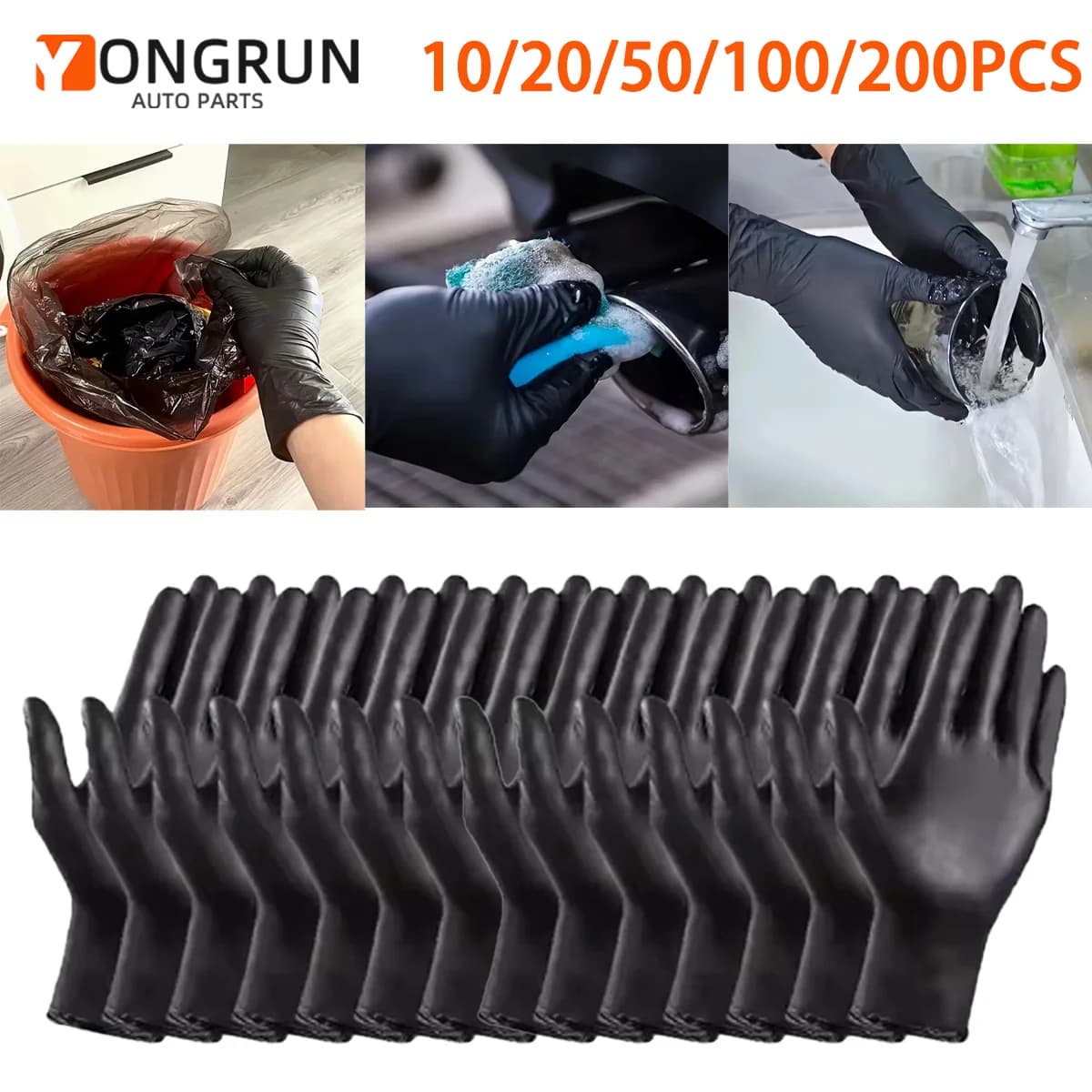 YONGRUN 10/20/50/100/200PCS Guanti monouso neri Guanti monouso in nitrile impermeabili resistenti all'olio senza lattice