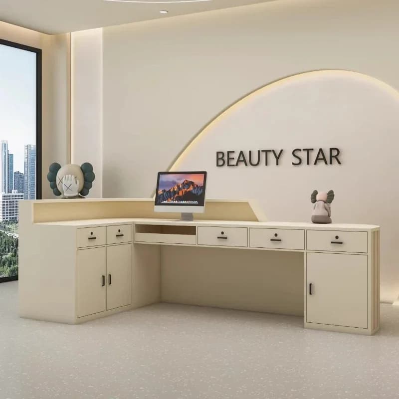 Tavolo da bancone moderno nordico Nas Banco di guida per riporre oggetti Scrivania a forma di L Banchi reception Salone di bellezza Reception Pulpito di lusso