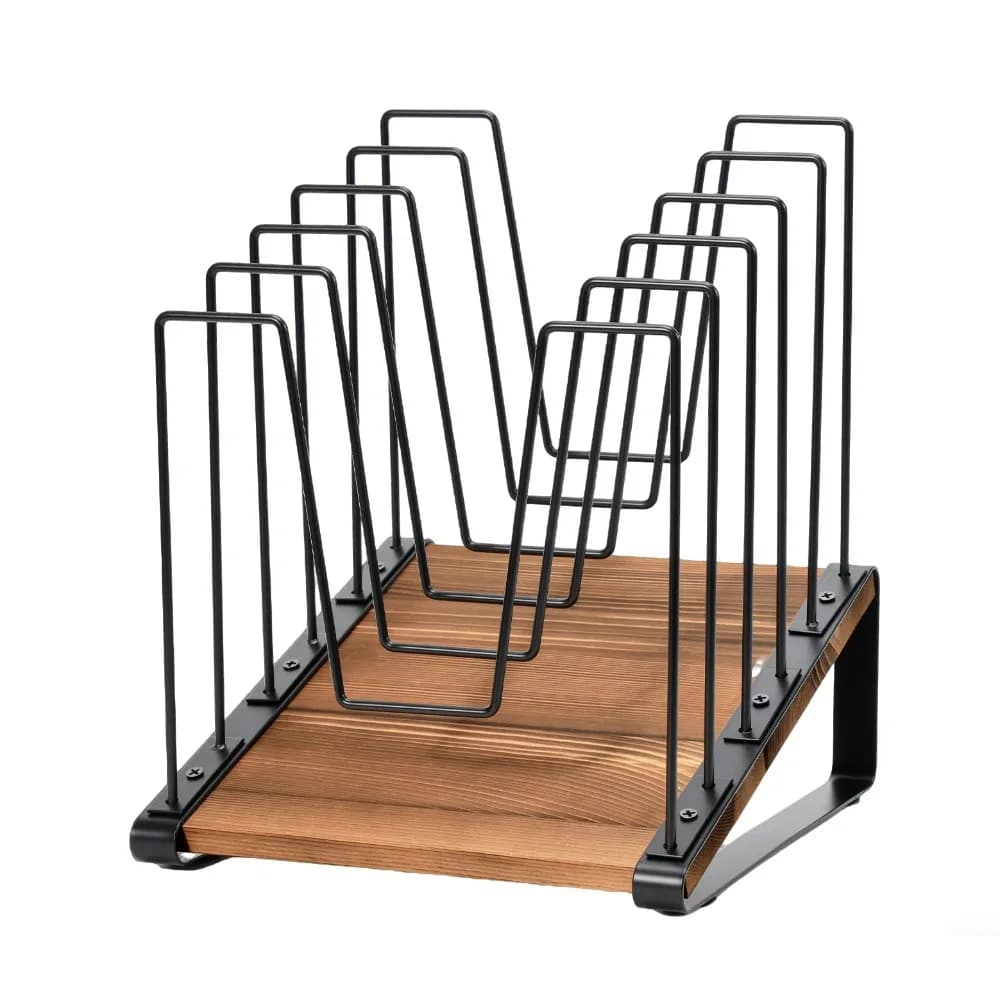 Organizzatore per Documenti a 5 Scomparti Inclinato, Salvaspazio Verticale, Portadocumenti in Metallo Multifunzionale con Base in Legno
