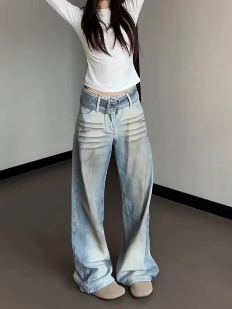 American High Street Special Processed Belted Denim Jeans Women's Summer New Style Spicy Girl Weathered Coated Dirtied Floor-...