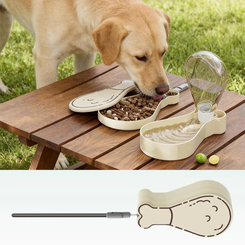 2-in-1 High-quality Dog Water&Food Bowl,Portable Bone Shaped Outdoor Travel Feeder with Automatic Refill Water Bowl&Leash Hook