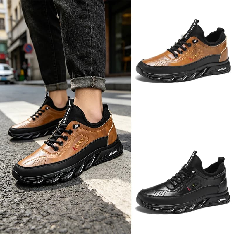 Men Genuine Leather Chunky Sole Casual Sneakers, Lace Up Non-slip Walking Shoes For Daily Commute Office Driving Street