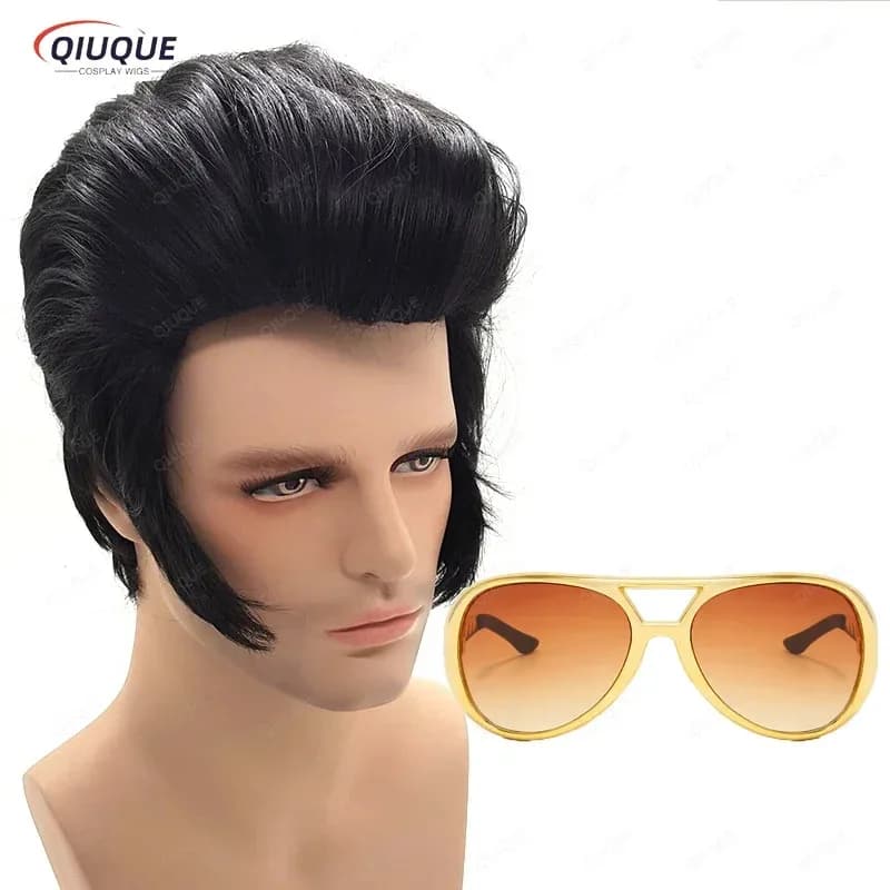 New egg! Men's Rock singers Aron Cosplay Elvis Presley Black Heat Resistant Synthetic Hair Party + Wig KF3