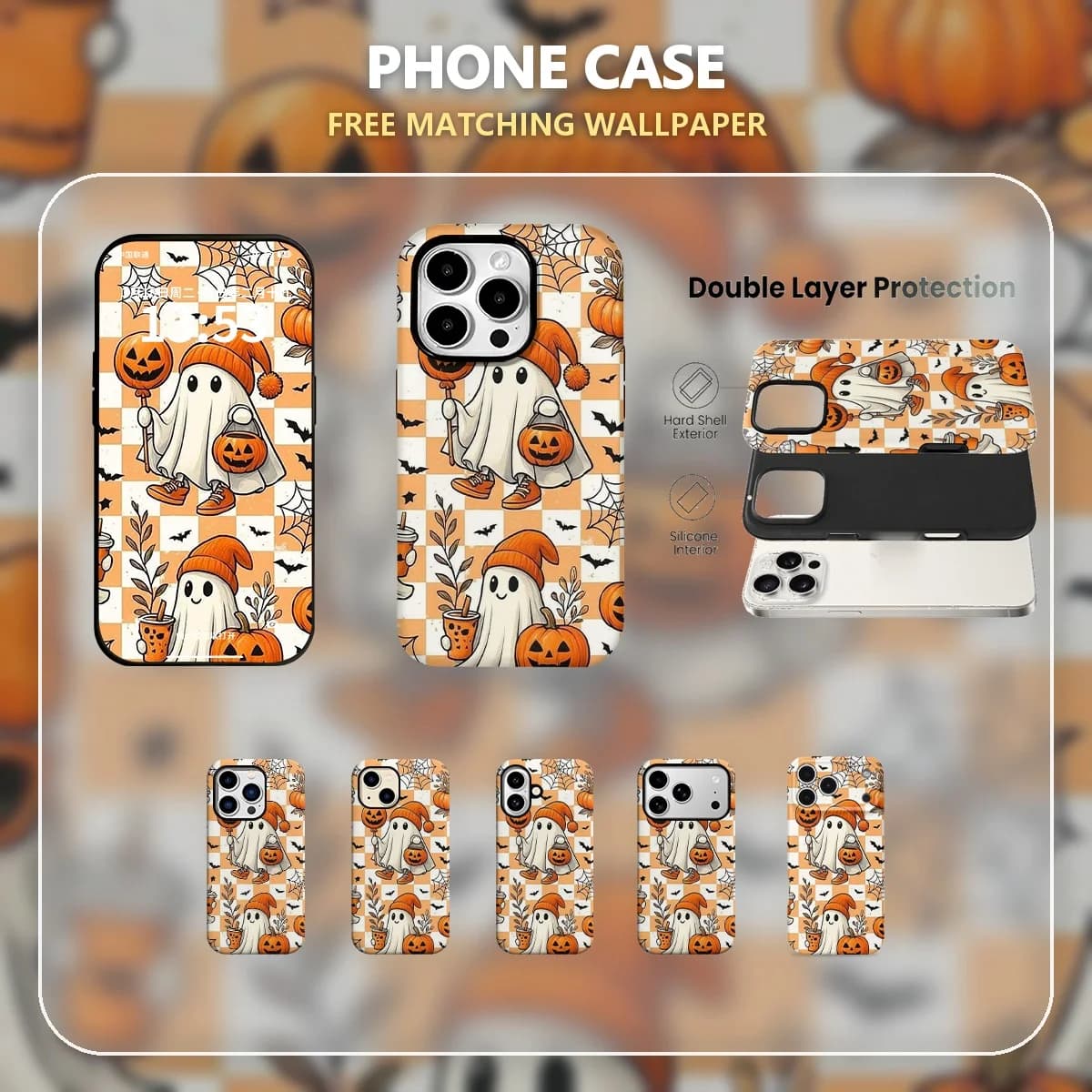 Halloween Cute Ghost Halloween Pattern Phone Case for iPhone 17 16 15 14 Pro Max Plus Mini iPhone Air 2-in-1 Dual-Layer PC TPU