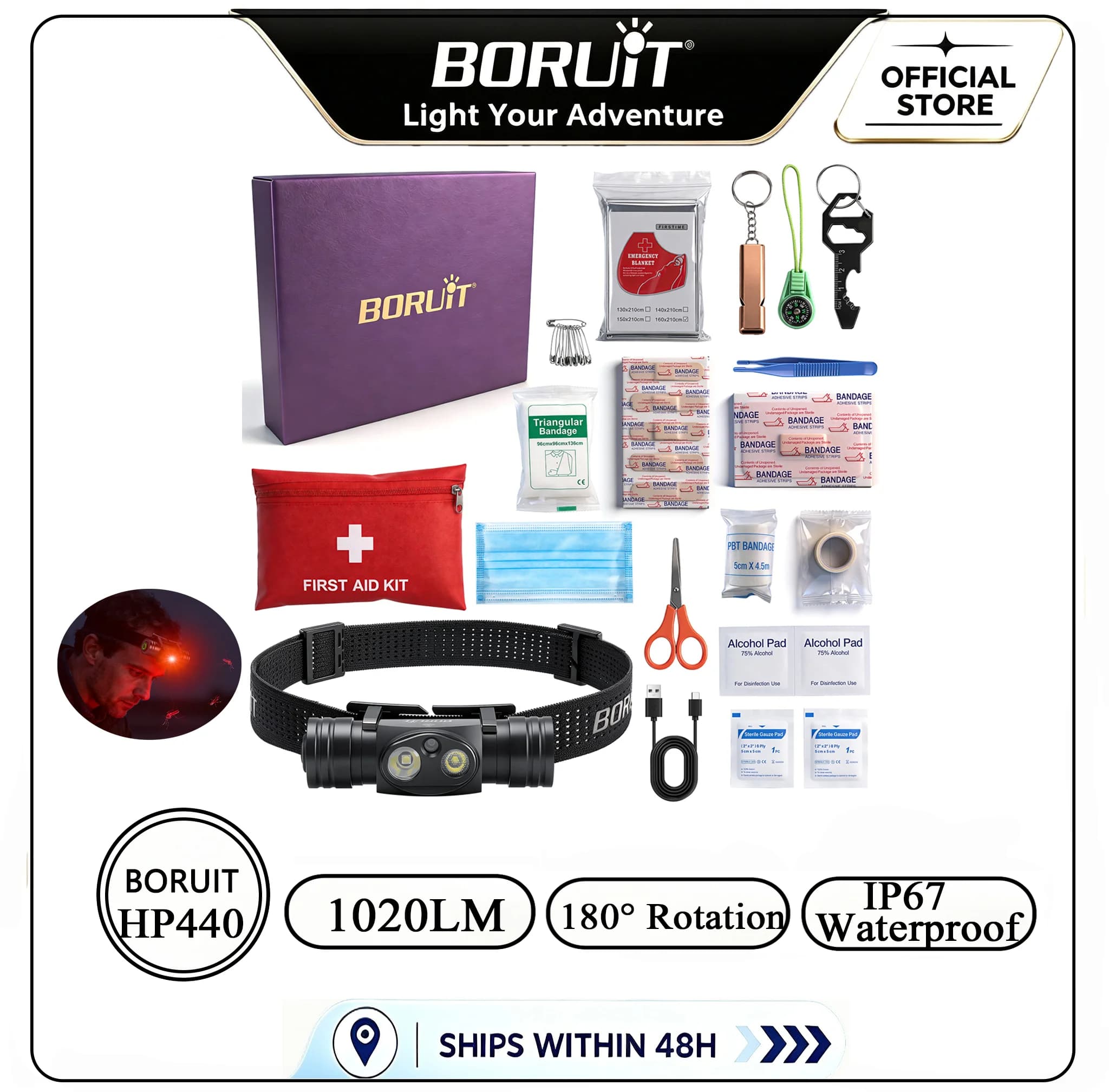 BORUiT HP440 LED Headlamp 8-in-1 Portable First Aid Kit Set With Blanket Whistle Compass Outdoor Emergency Survival Holiday Gift