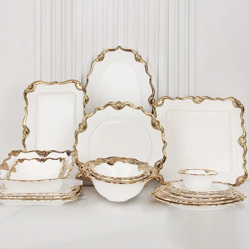 White Dinner Plate with Gold Decorations, for Domestic Use, Luxury Stoves for Refine Dining, Irregular Shape, Light