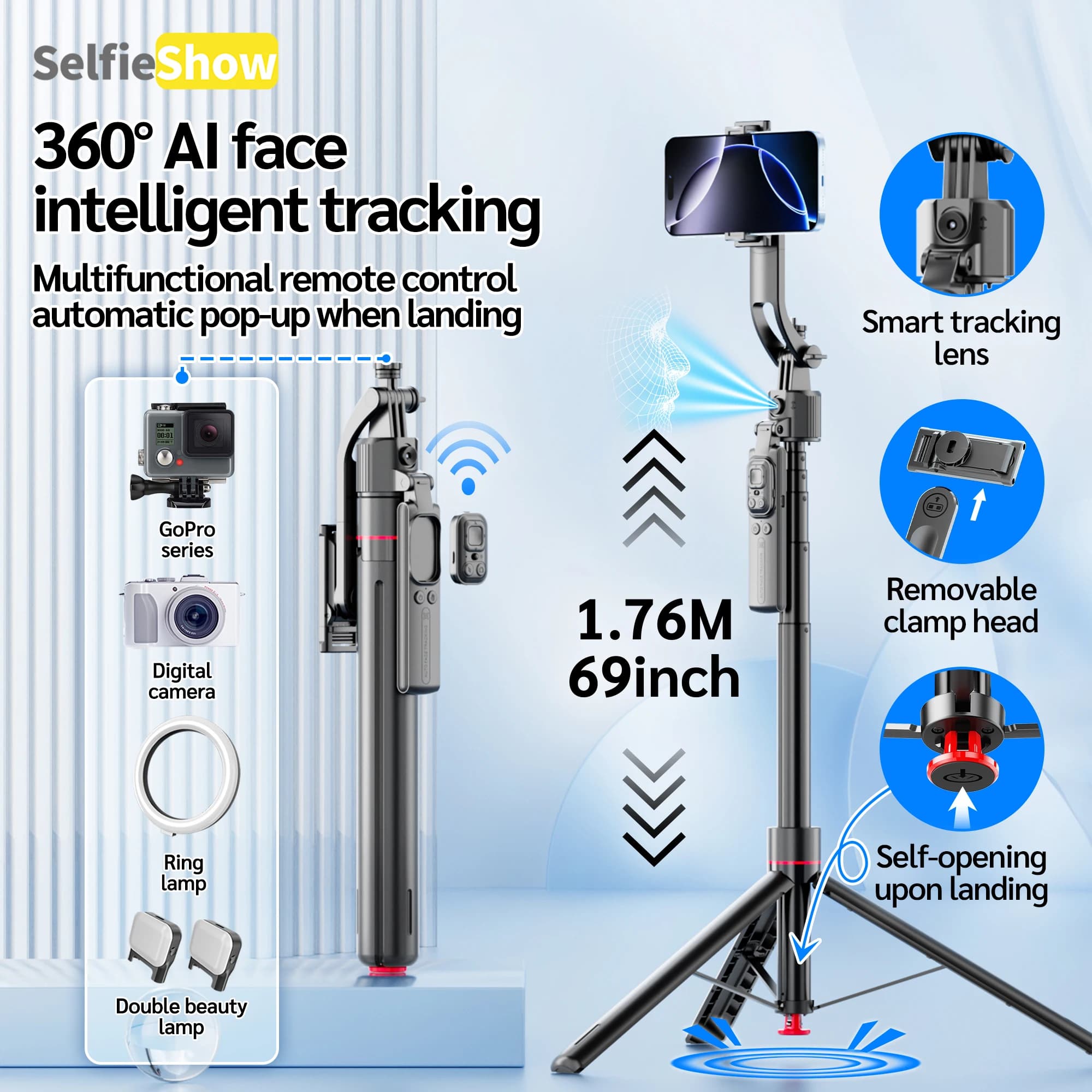 Selfieshow TT07 AI Treppiede per tracciamento facciale Smartphone selfie stick da 69,29 pollici 360 ° Ruota scatto con supporto per telefono per Vlog/Video