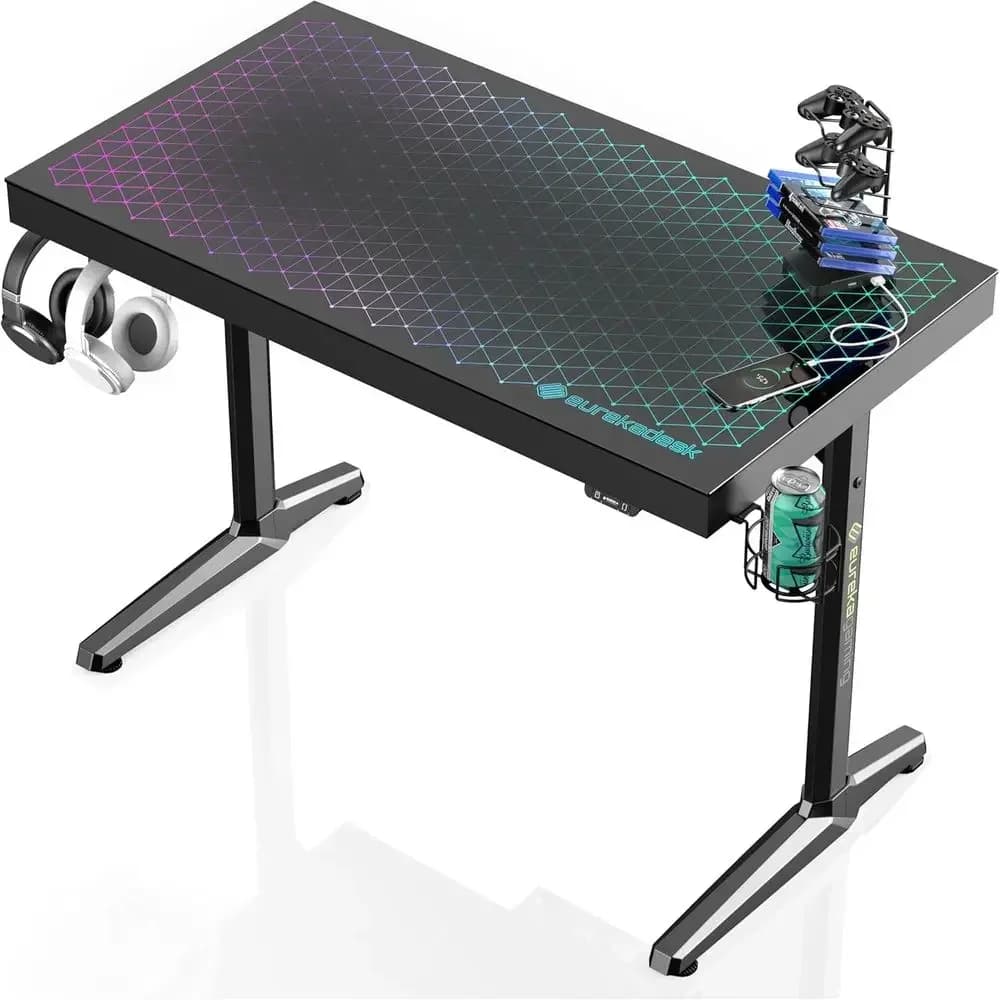 43 Tempered Glass Gaming Desk with RGB Music Sync Lights, USB Charging Ports & App Control