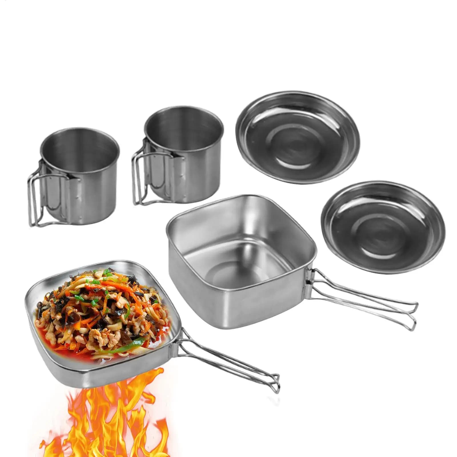Camping Kitchen Set Stainless Steel Camping Cooking Pot Set for Cooking 6 Pieces Frying Mat Portable Outdoor Kitchen Tools