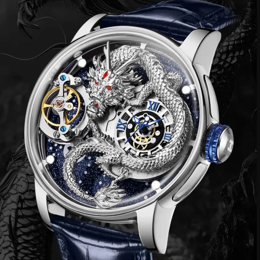 HANBORO Orologio automatico da uomo 45,5 mm Orologio da polso meccanico Luminoso quadrante drago 3D Cinturino in pelle