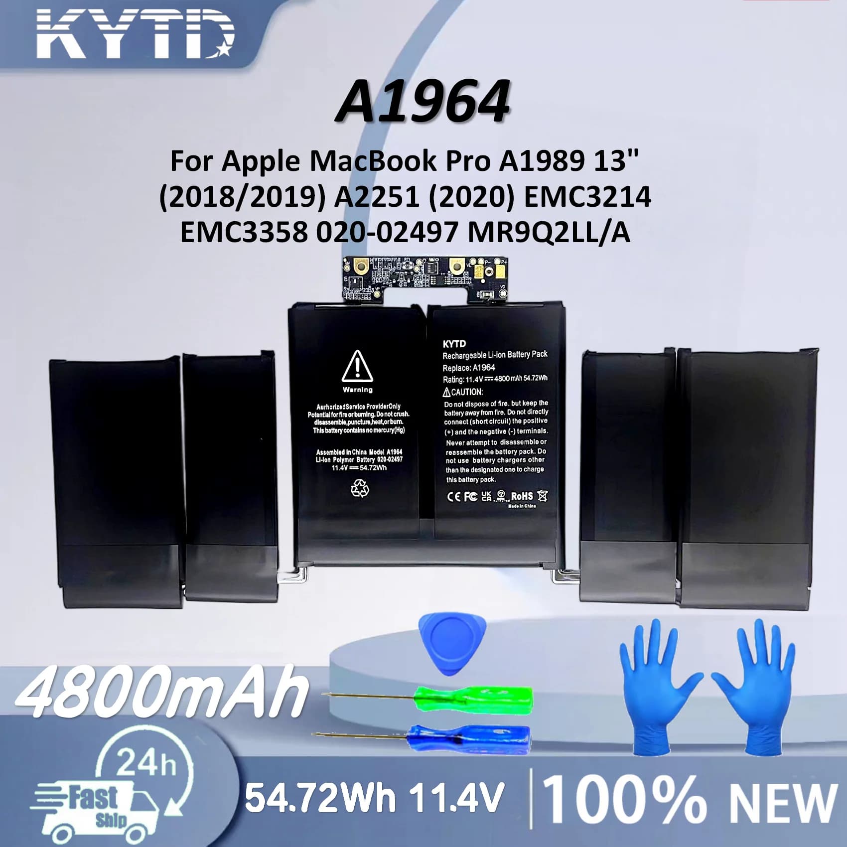 Batteria per laptop KYTD A1964 per Apple MacBook Pro A1989 13" (2018/2019) A2251 (2020) EMC3214 EMC3358 020-02497 MR9Q2LL/A 54.72Wh