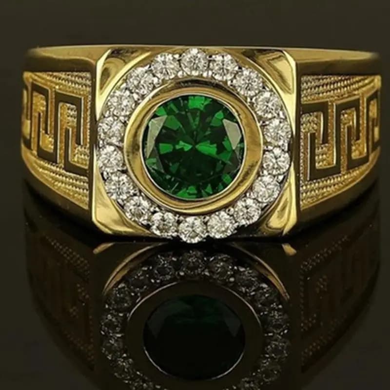 Anello Classico da Uomo Color Oro con Pietra Verde Incastonata, Anello di Lusso per Feste, Matrimoni e Anniversari