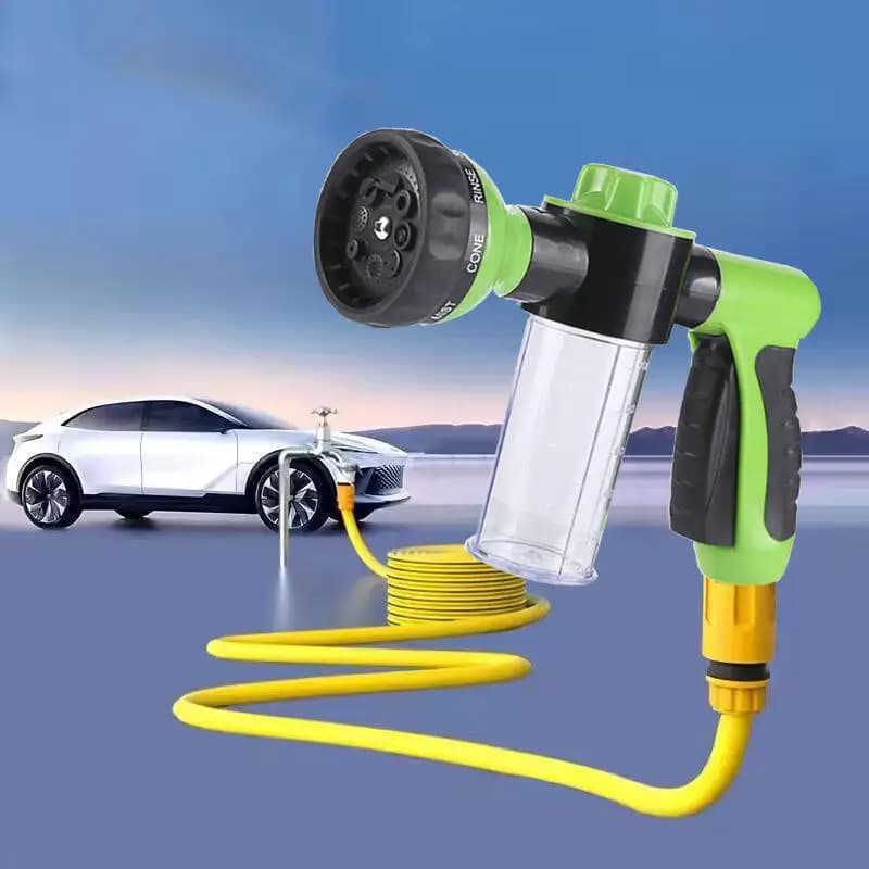 Ugello Multifunzione per Tubo da Giardino con Cannone Schiumogeno e Dispenser Sapone, 8 Modalità di Irrigazione, Materiale Plastico, Accessorio per Lavaggio Auto