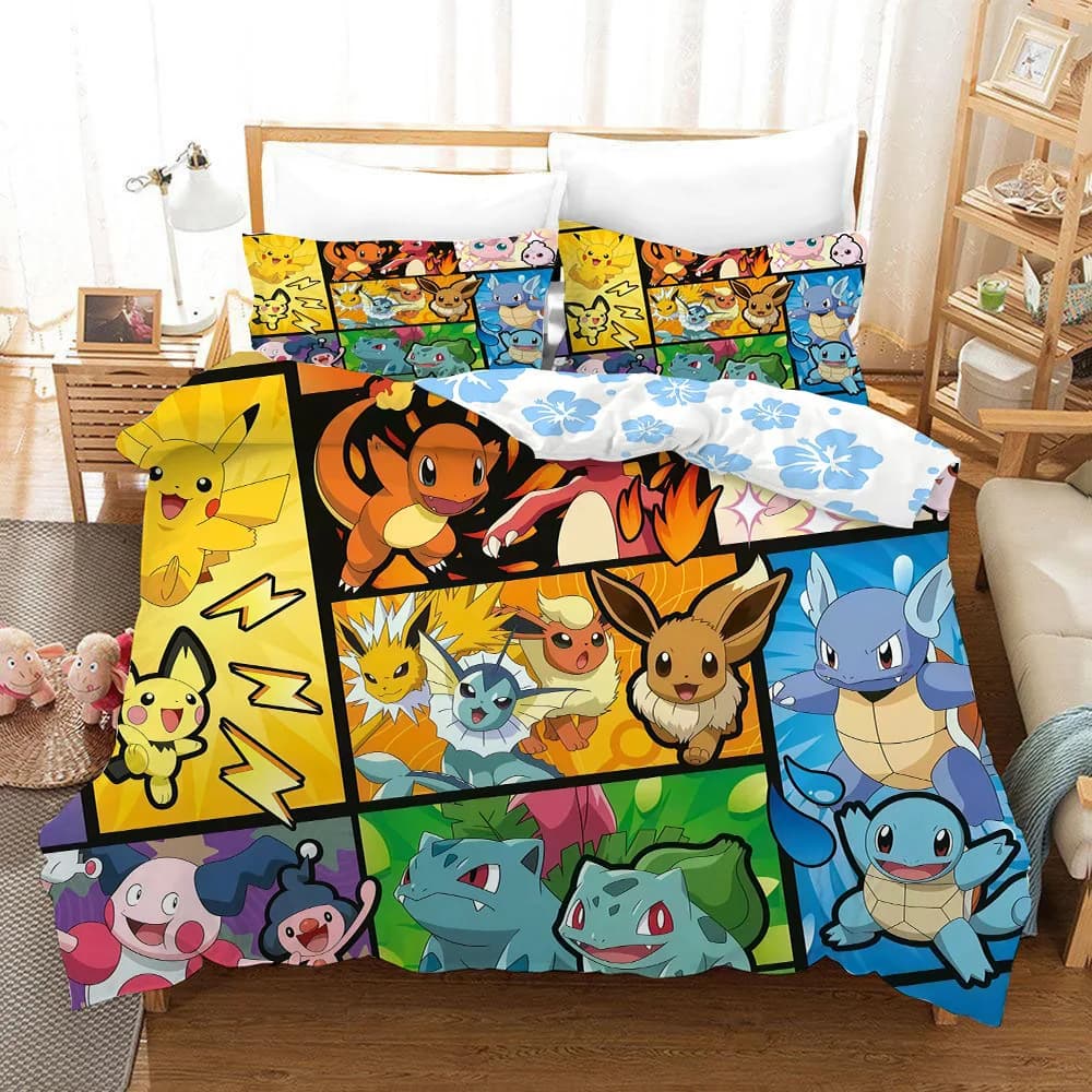 Pokemonzd 3pcs Duvet CoversKids Cartoon Bedding Set Quilt Cover Twin Full Bedroom Bed King Size Decor for Teens Best Gifts