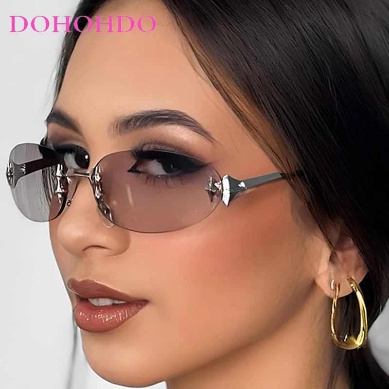 Occhiali da Sole Ovali di Lusso Y2K per Uomo e Donna, Senza Montatura, Stile Vintage, Protezione UV400, per Guida, Viaggi e Feste