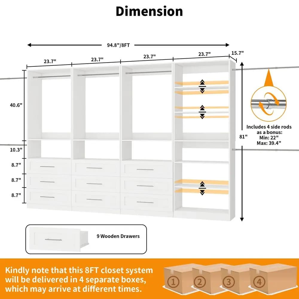 Sistema con 4 set, organizer per armadio da 8FT/21FT con 9 cassetti in legno, 9 ripiani e 5 aste appendiabiti, sistema per cabina armadio freestanding