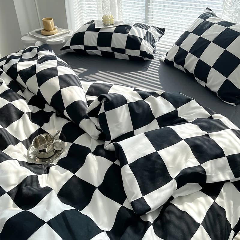 Elegant Checkered Comforter Set with Pillowcase Single/full Size Bedding Includes Bed Sheet and Double Single Duvet Cover