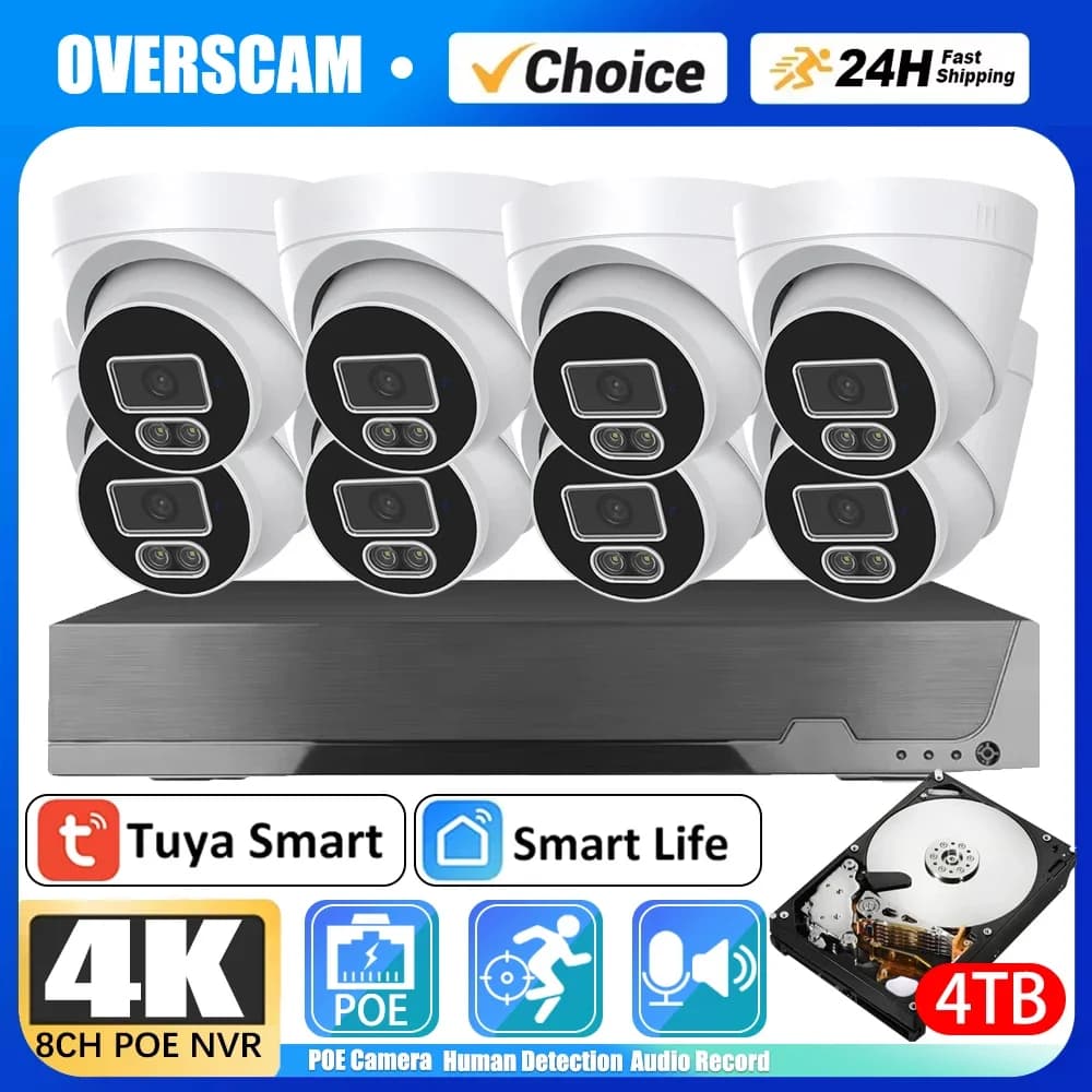 Tuya H.265 8CH 4K POE NVR Kit Ai Rilevazione umana Audio Dome Indoor Impermeabile CCTV Sicurezza Telecamera IP Video sorveglianza Set 4CH