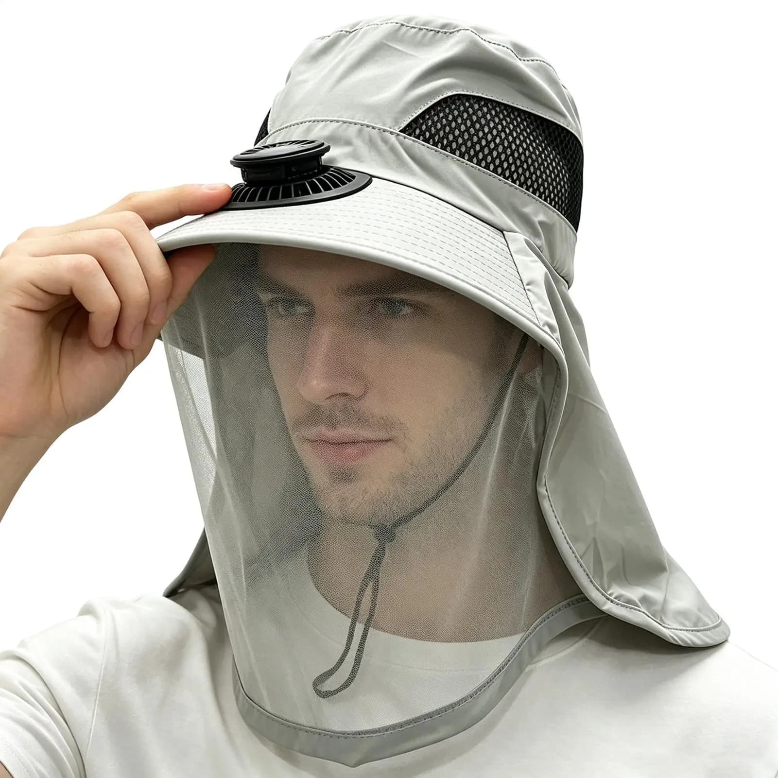 Solar Fan Fishing Hat With Wide Brim Gnat Net Sun Hat For Hiking Camping Beach Travel Walking Summer Commuting Business Trip