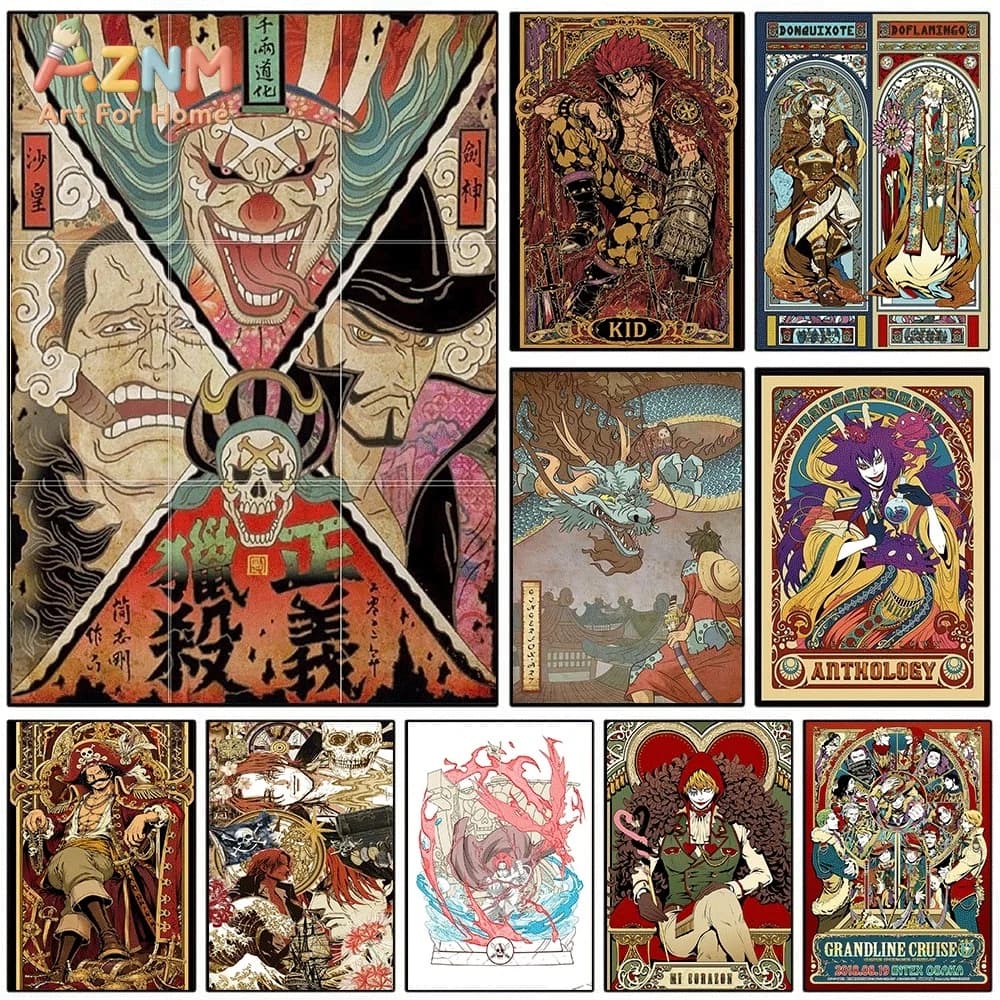 One Piece Anime Canvas Wall Art No Frame Buggy Eustass Kid Doflamingo Kaido Corazon Roger Manga Print Painting Bedroom Living