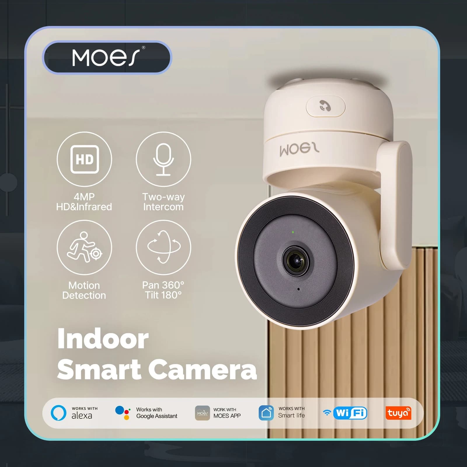 MOES Tuya WiFi Telecamera di sicurezza domestica intelligente, Pan/Tilt interno 4MP HD, visione notturna, rilevamento del suono del movimento, monitor di pattuglia panoramica