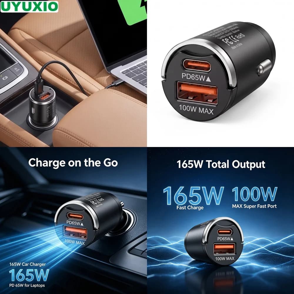 165W Vehicle Fast Car Charger 65W USB C PD and 100W USB A Fast Charge for Multiple Mobile Devices Low Profile Metal Flush Mount