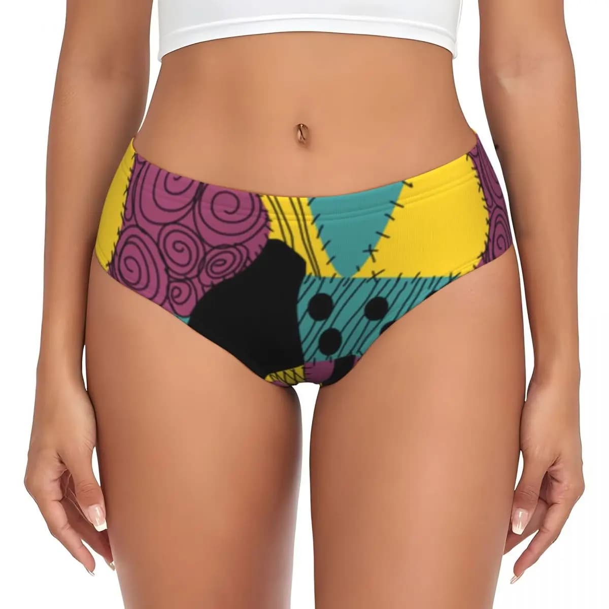 Mutandine da donna personalizzate con patchwork Sally, comode slip con teschio di Tim Burton per Halloween, regali di San Valentino