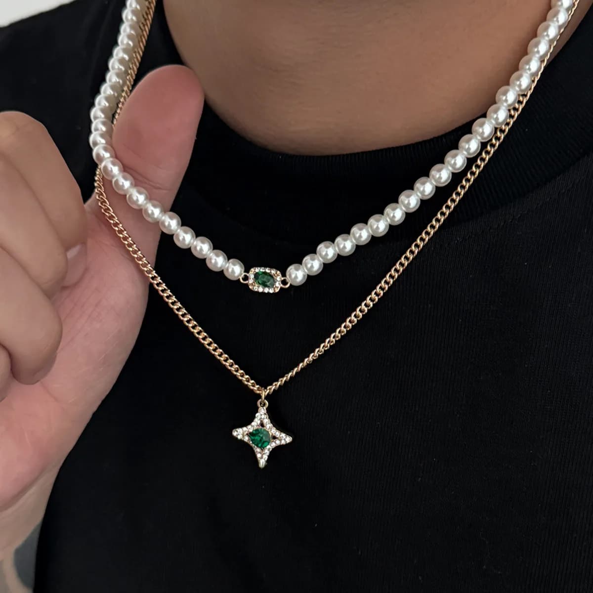 SHIXIN 2 Pz/set Retro Imitation Pearl Collar Neckline for Men Hip Hop Green Strass Star Necklace with Pendant Refine Jewelry And Fashion New