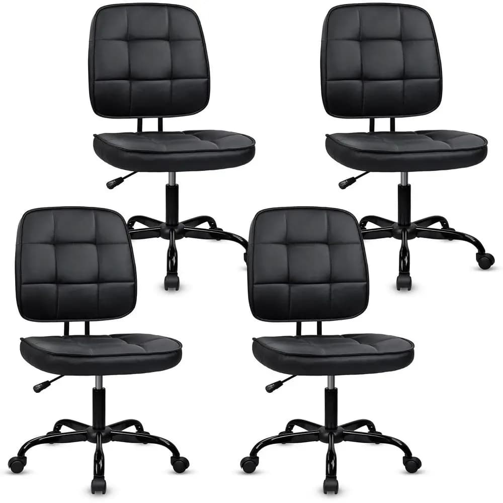 Sedia girevole ergonomica in pelle PU con schienale basso, supporto lombare, altezza regolabile, 360° ° Rotazione, Senza Braccioli, Nero, Confezione da 4