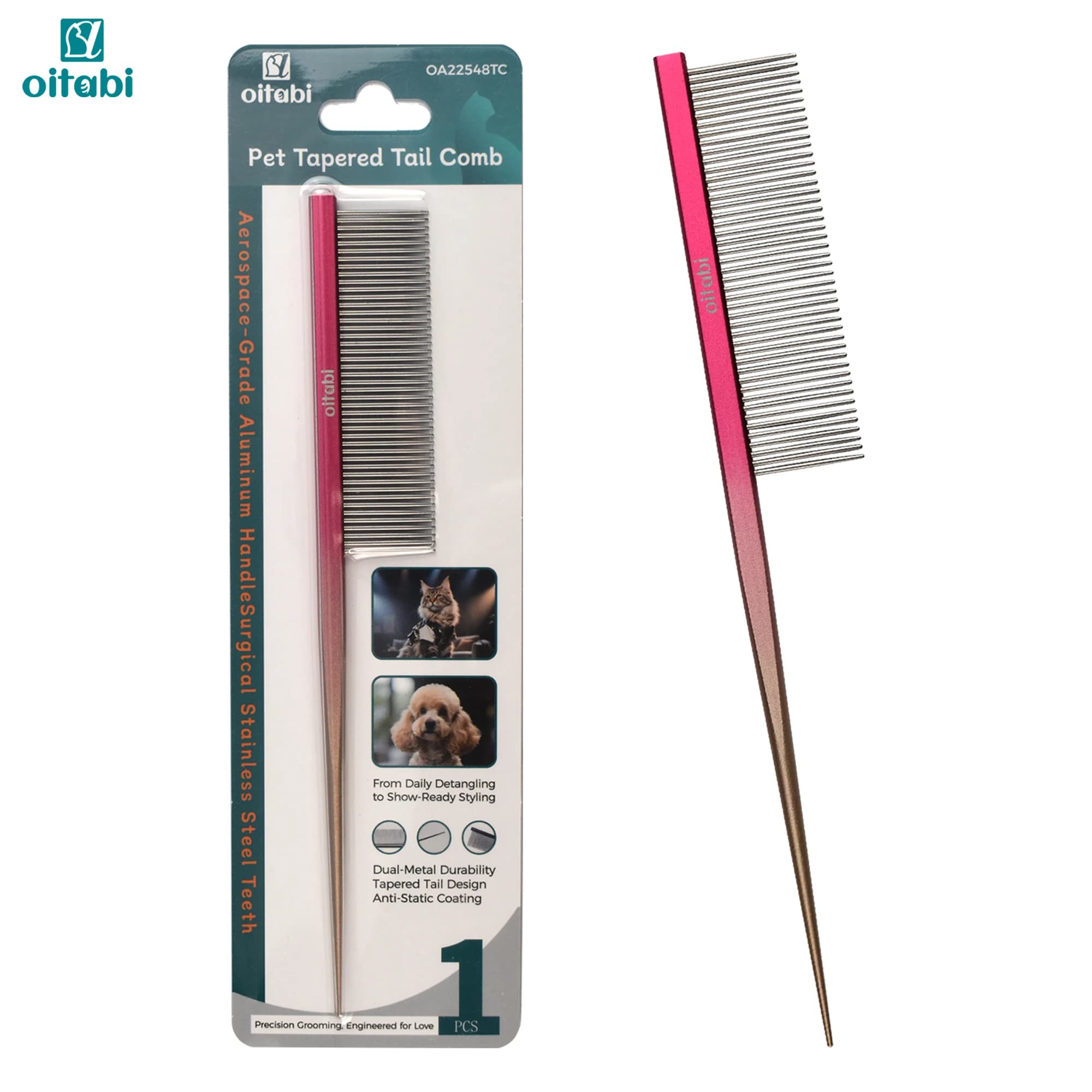 Pettine a coda appuntita Oitabi Pet Deluxe per deshedding, pettini per toelettatura animali domestici Toelettatore per styling di cani e gatti Pettine per rifinitura e soffice