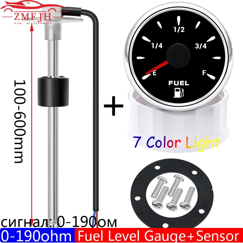 Indicatore di livello del carburante da 2 "52 mm con luce a 7 colori + sensore di livello del galleggiante del carburante 0-190 Ohm per indicatore di livello del serbatoio dell'olio per auto camper marino 9-32 V
