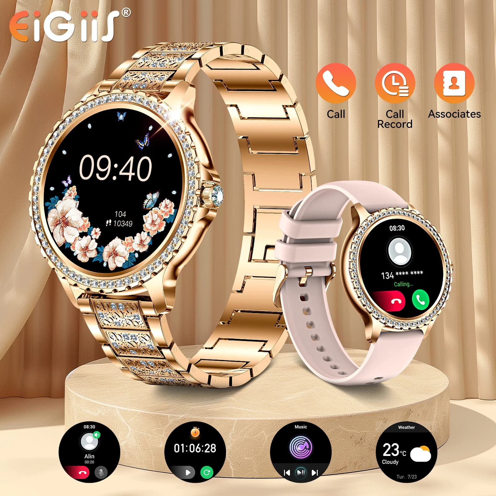 EIGIIS Orologi intelligenti da donna con schermo HD da 1,32 pollici Fitness Tracker con cardiofrequenzimetro Smartwatch esterno impermeabile