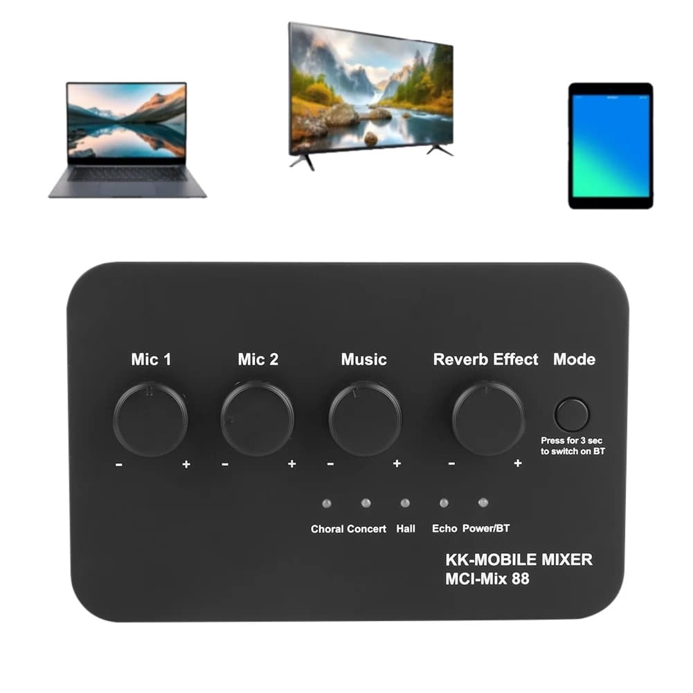 Digital Audio Mixer 3.5mm AUX BT Connection Dual Mic Inputs Digital Audio Sound Karaoke Machine for Karaoke Smart TV PC Speaker