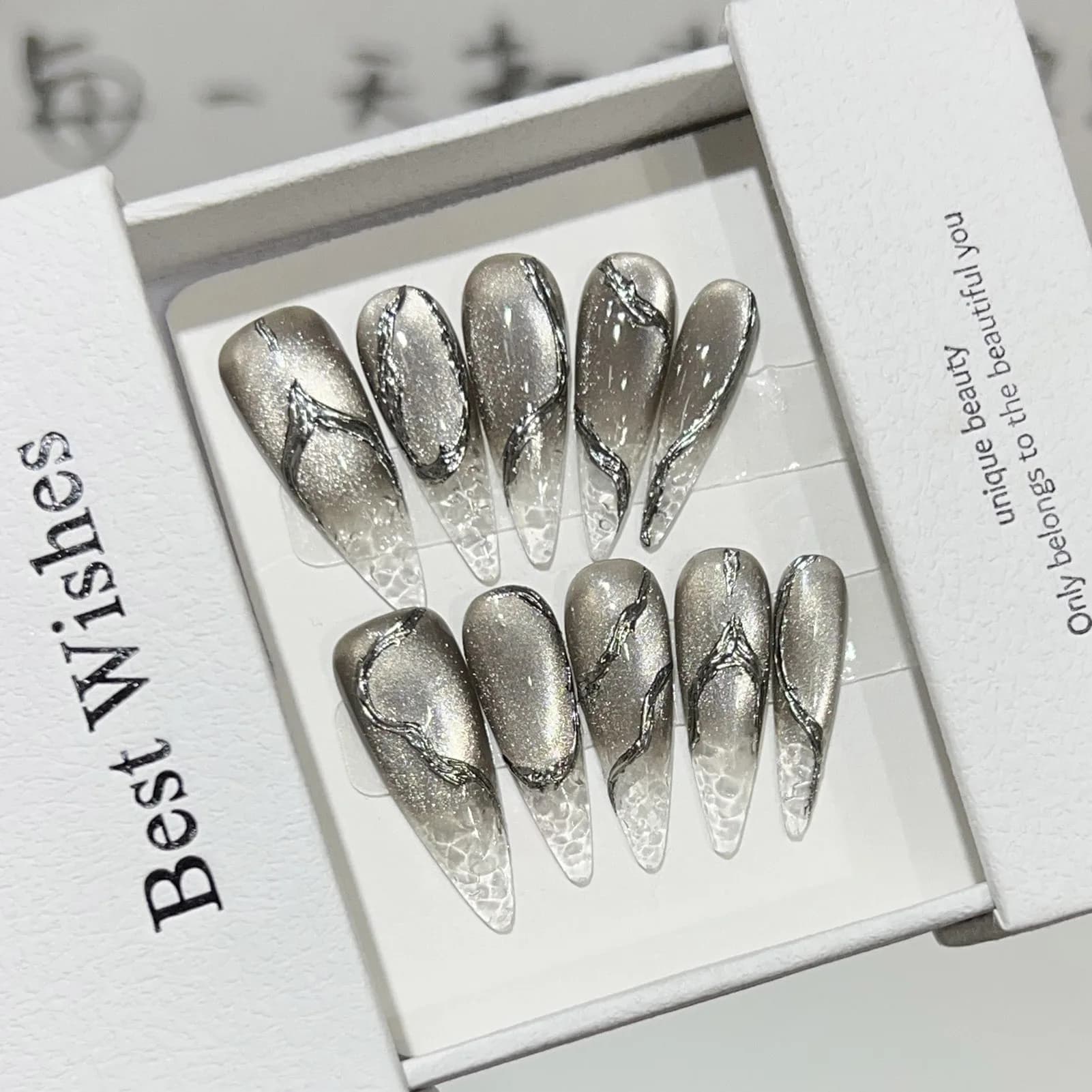 10 pieces of fake Halloween nails reusable long black tip cracked cat eye style punk silver long print on nails for women decoration