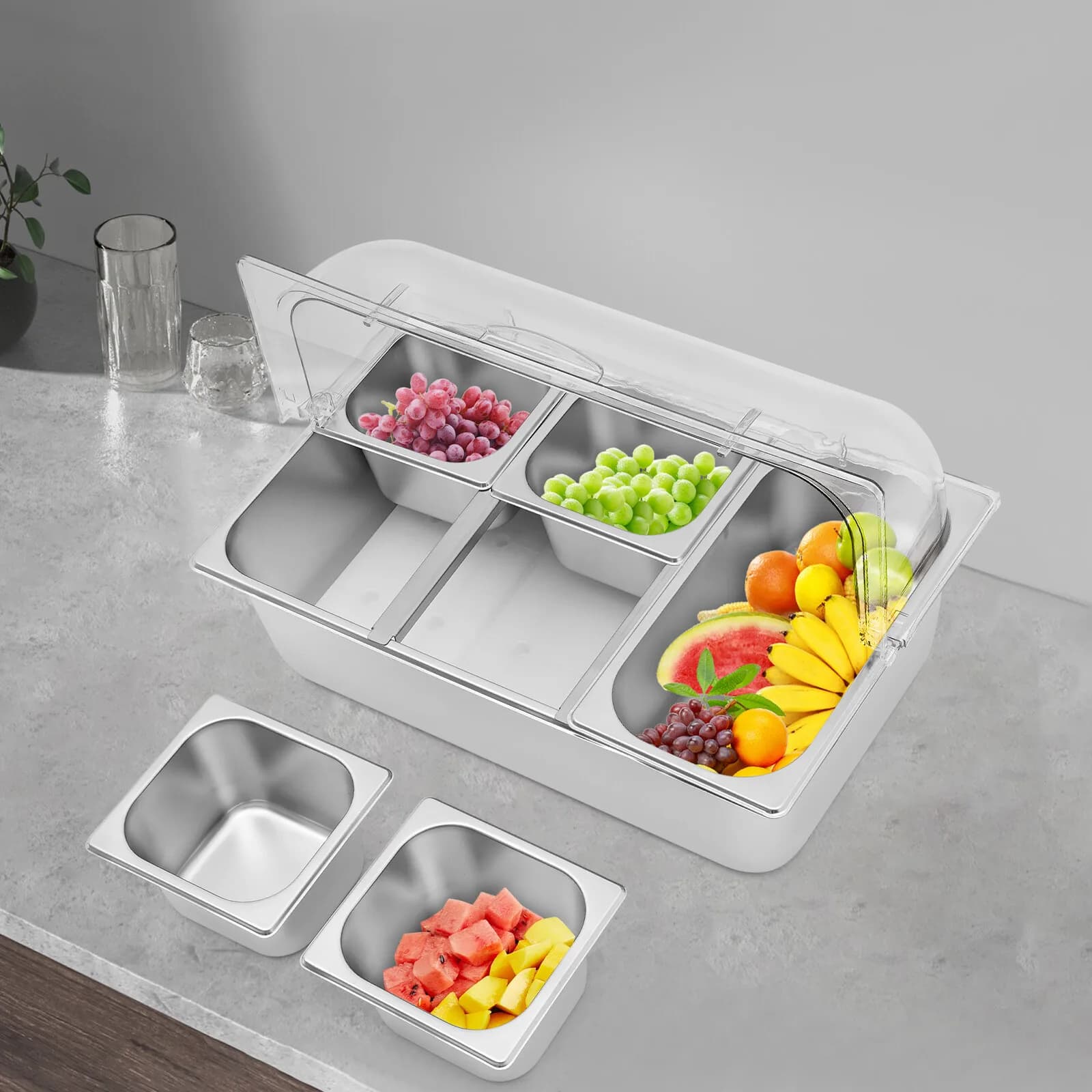 Contenitore per Alimenti con Coperchio Ribaltabile in Acciaio Inox a 5 Scomparti, Igienico per la Preparazione dei Pasti