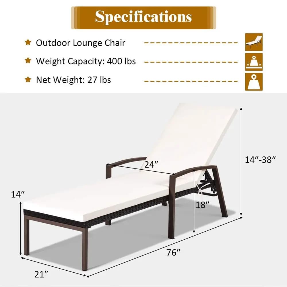Set di 2 sedie lounge da esterno in rattan intrecciato per patio, regolabili, con braccioli e cuscini rimovibili