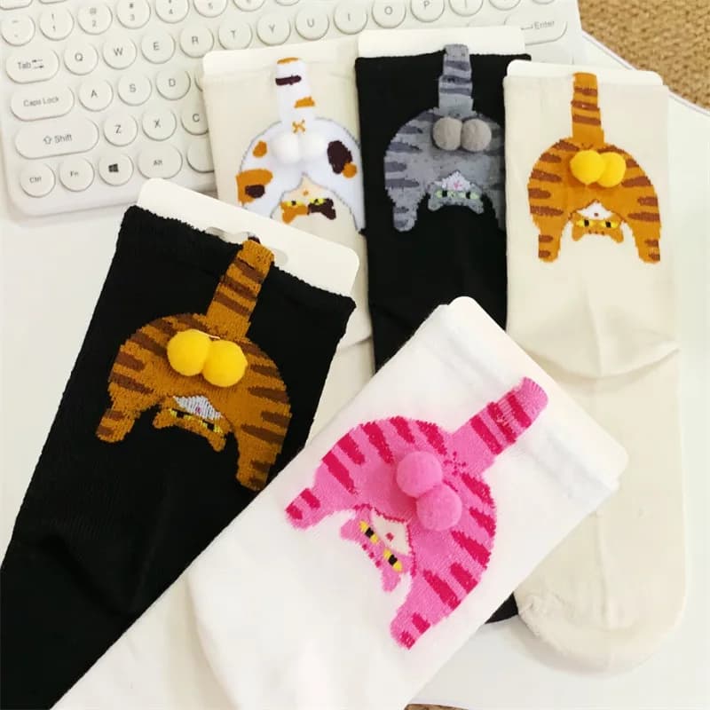 Socks for couple of cartoon cat eggs, comfortable half calf for maternity, warm winter, cute gift for family of Christmas cat lovers