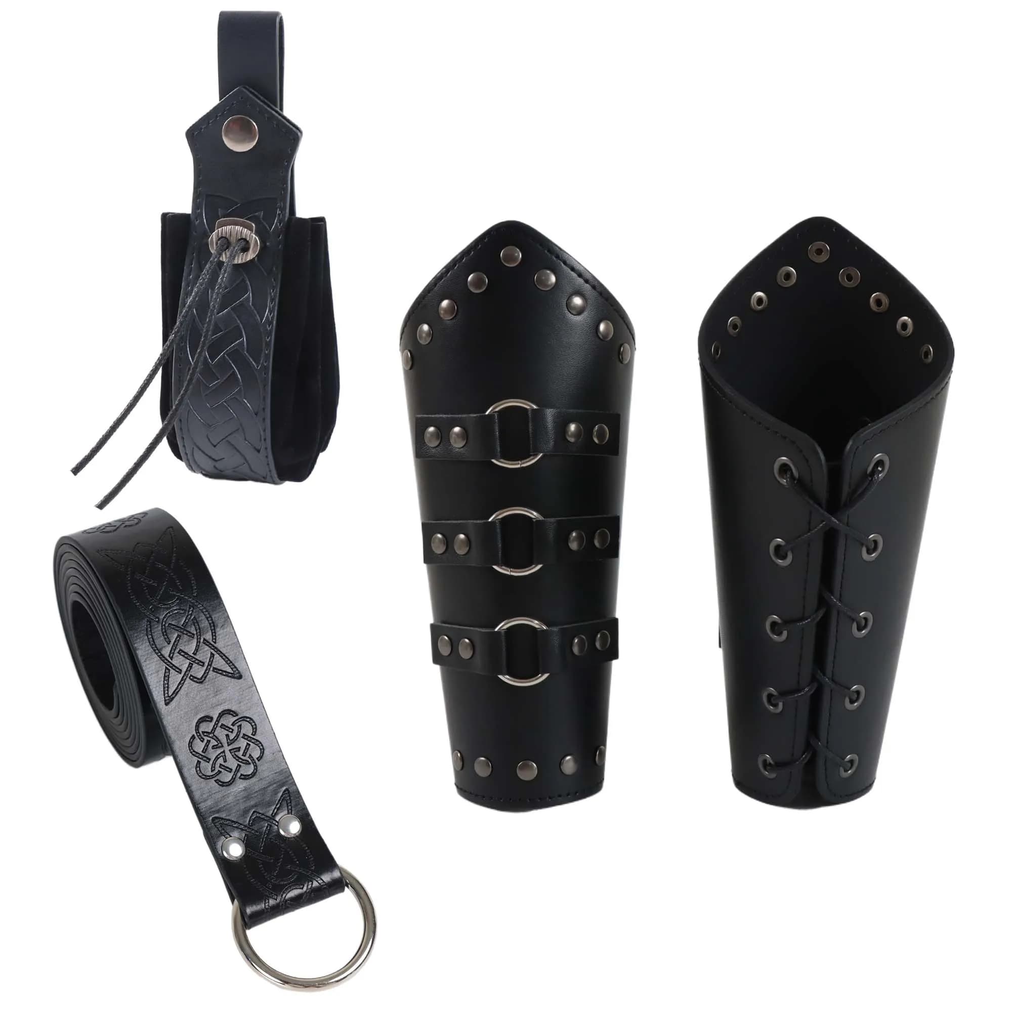 Uomo Armatura da braccio in pelle PU Cintura medievale Set Polsino con guanto in pizzo Vichingo Pirata Cavaliere Cosplay Bracciale Steam Punk Accessori