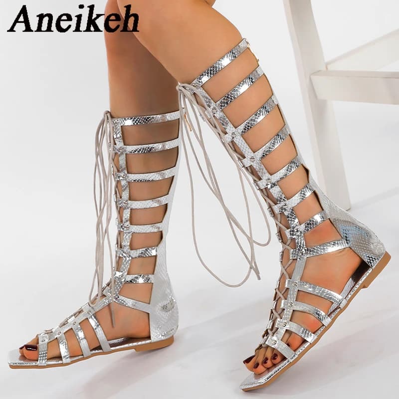 Aneikeh pantofole estive in PU sandali con punta aperta sandali da festa piatti con scarpe da donna moda fascia stretta con cerniera incrociata al ginocchio