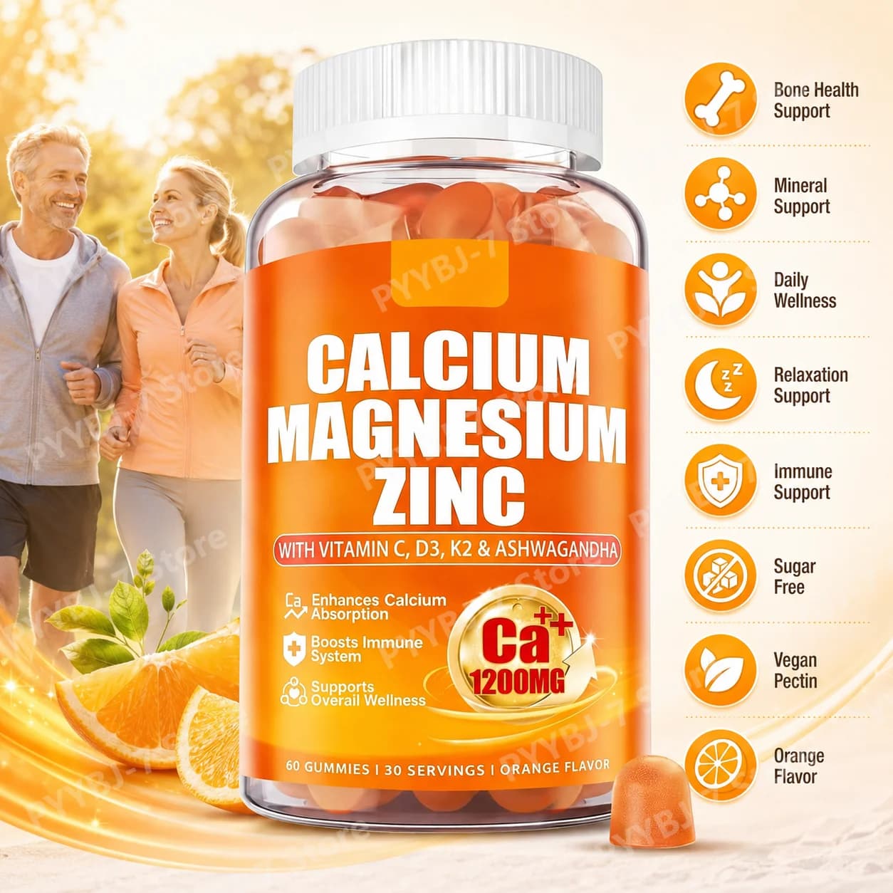 Calcium Magnesium Zinc Supplement Gummies with D3 K2 Vitamin C, Ashwagandha Bone Immune Sleep Support