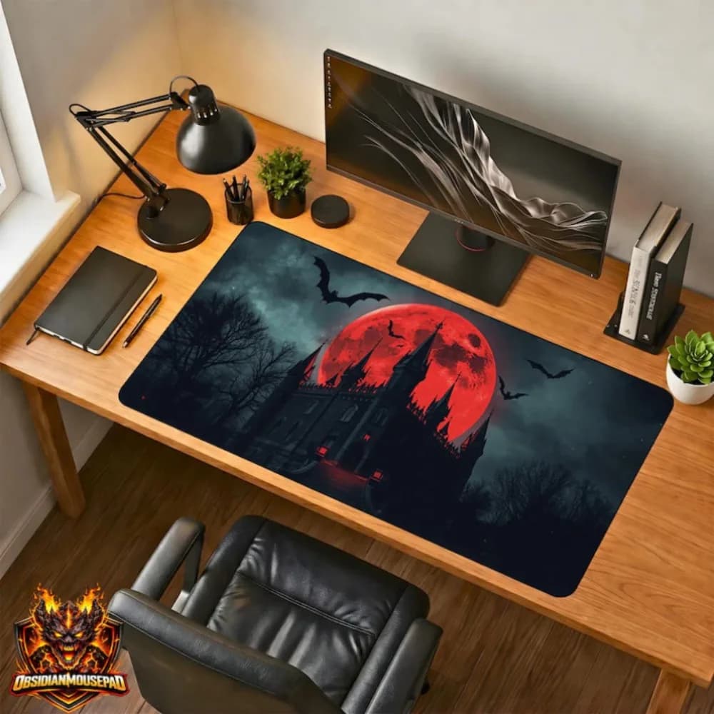 Vampire Castle Mouse Pad and Desk Pad - Gothic Blood Moon Game Pad, with non-slip base escritorio accesorios desk mat