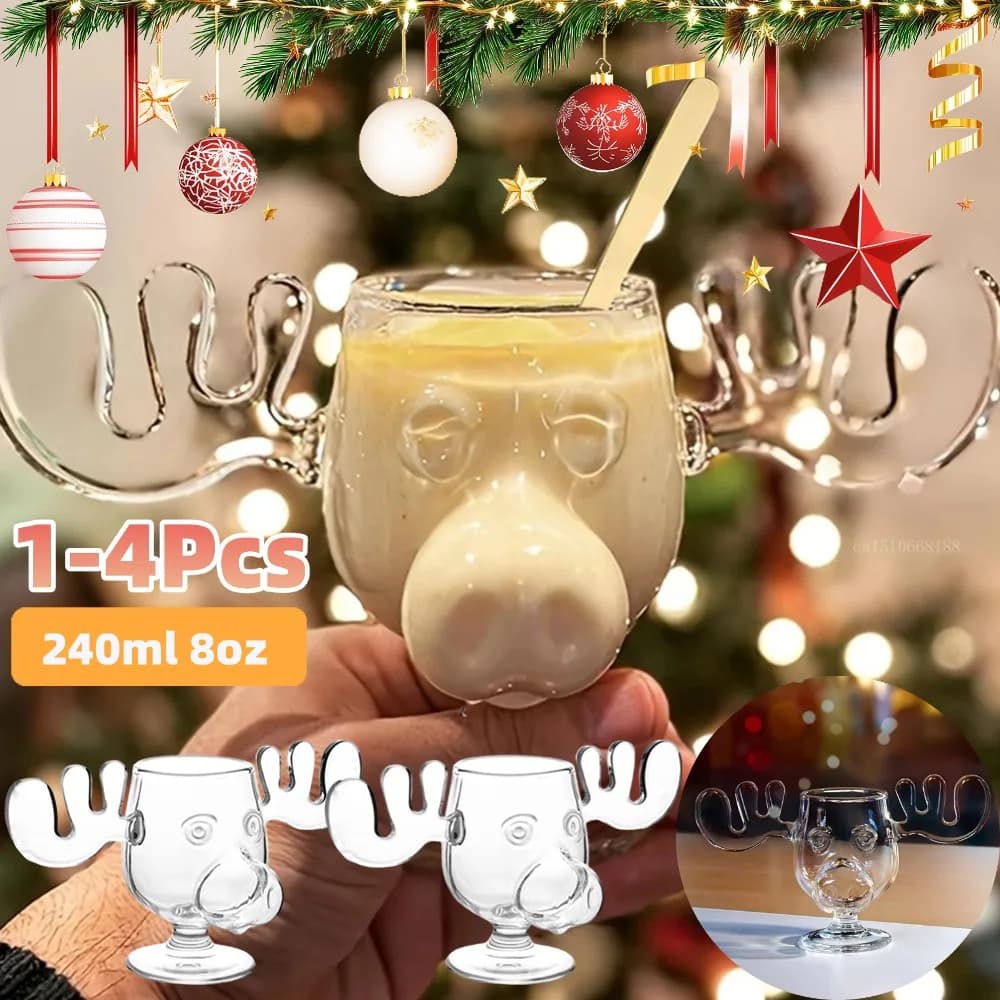 1-4 pezzi 240ml 8oz vacanza di Natale tazza di alce testa di renna di Natale creativo vetro di alce vino birra acqua succo di succo di latte bicchiere