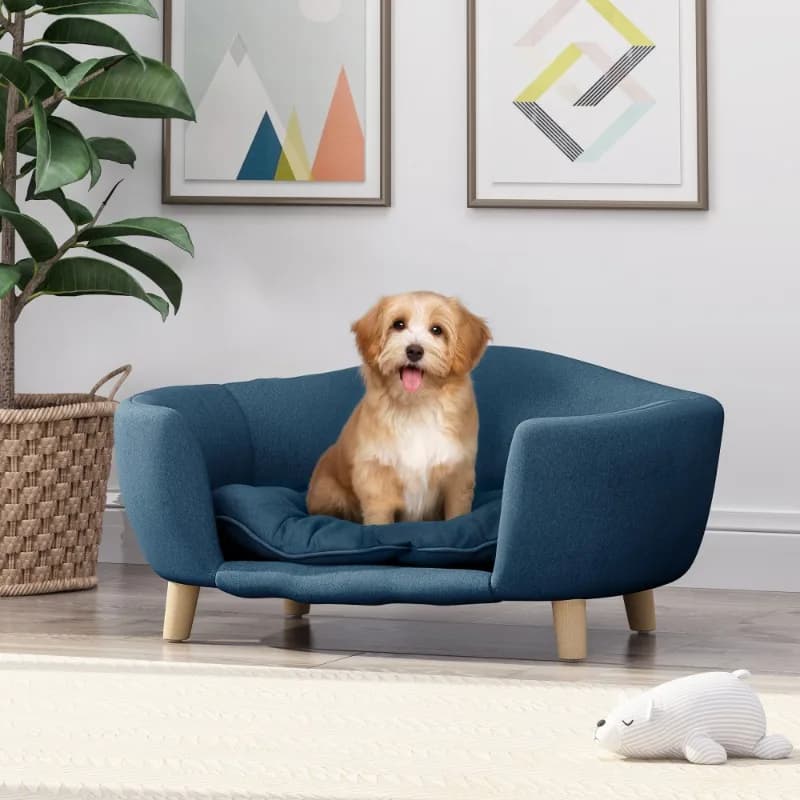 Divano letto per cani in tessuto blu con gambe in legno Comodo divano per animali domestici per cani di piccola taglia e media per uso interno