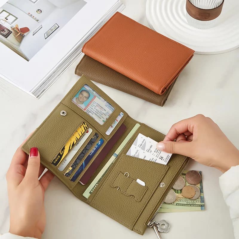 Portafoglio da donna porta passaporto con cerniera in vera pelle di lusso leggero di fascia alta, portafoglio portaoggetti multifunzionale portatile ultrasottile