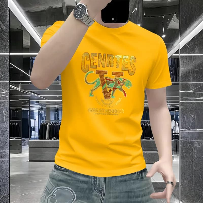 T-Shirt da Uomo Popolare con Ricamo in Strass a Forma di Leopardo, Magliette Maschili di Alta Gamma in Stile Europeo, Top Slim Fit di Marca di Lusso, Abbigliamento Maschile