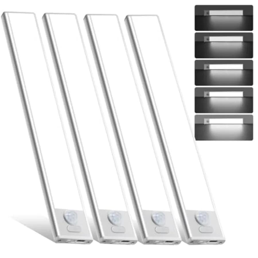 Illuminazione Sottopensile, Set da 4 Luci Ricaricabili con Sensore di Movimento, Luci Wireless Dimmerabili per Interni, Luci Magnetiche per Armadio con 50 LED
