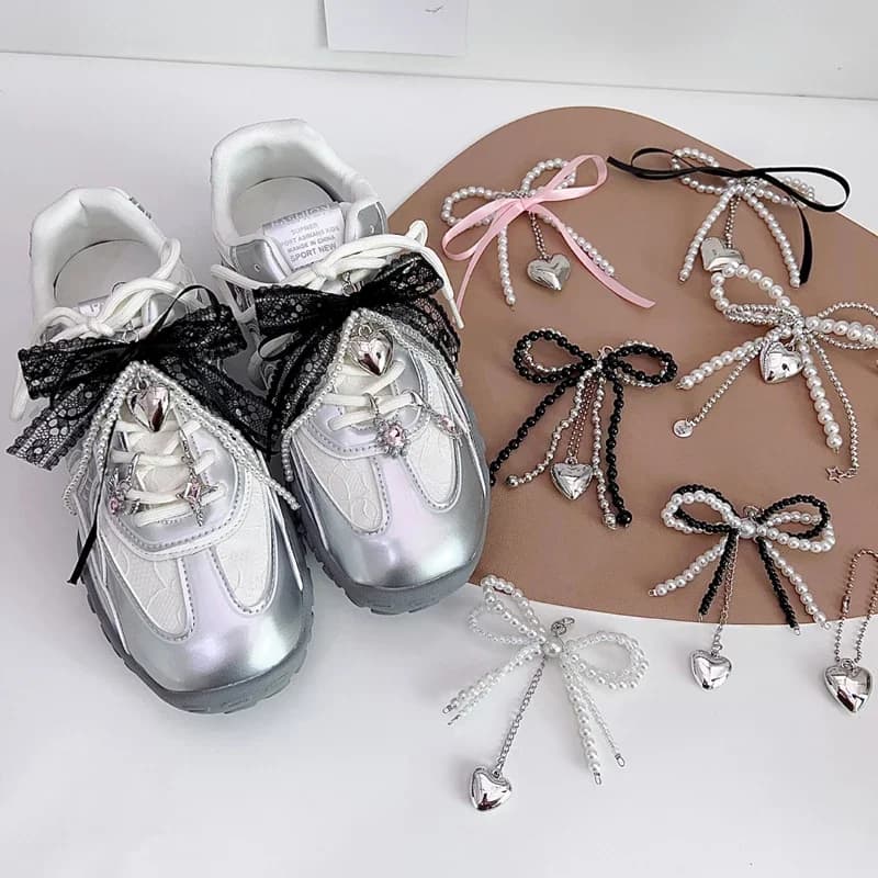 Lacci di lusso con fiocco di perle e lacci per scarpe, ciondoli fai da te, ciondolo, amore, catena per scarpe, fibbia, scarpe da ginnastica, accessorio decorativo, pezzo unico